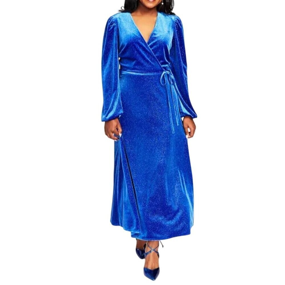 Kasper Velvet Faux Wrap Glitter Midi Dress Royal Blue Belted Party Size XXL